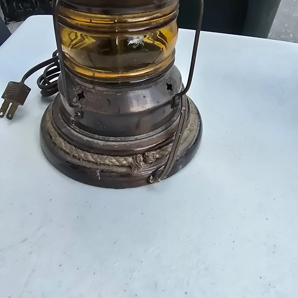 Vintage Handmade Nautical Anchor Oil Lantern Table Lamp Amber Glass WORKS Metal
